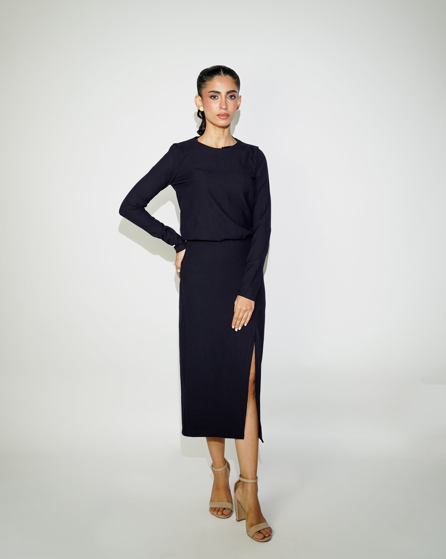 Black Full Sleeves Crew Neck Slit Dress