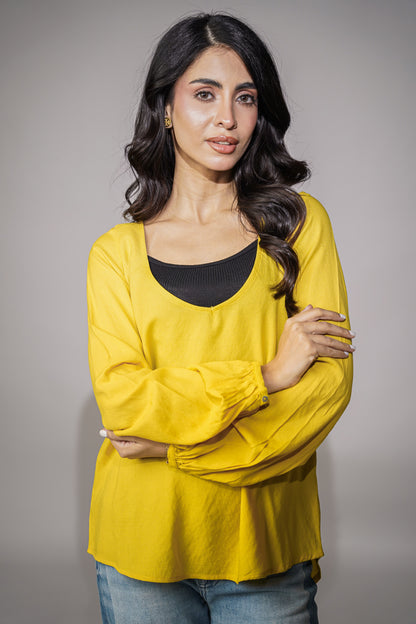 Yellow Wide-Neck Full Sleeves Top