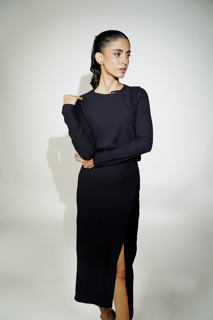 Black Full Sleeves Crew Neck Slit Dress