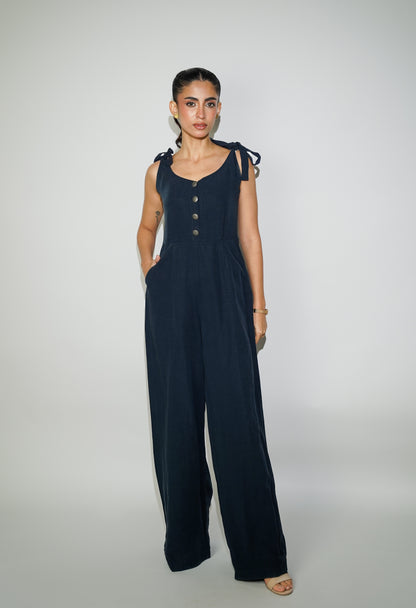 Blue Button Up Halter Jumpsuit