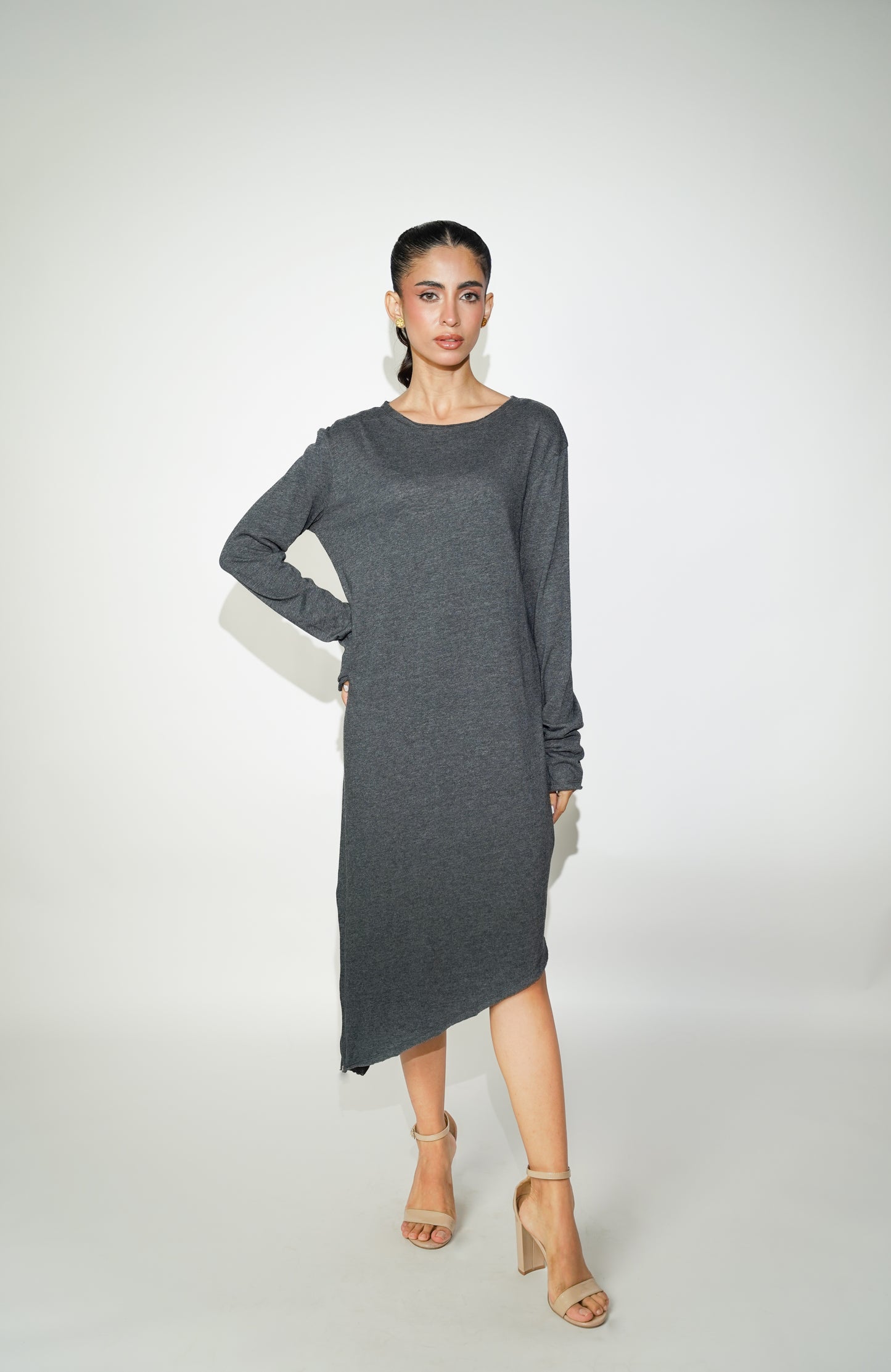 Heather Grey Asymmetrical Full Sleeves Dress