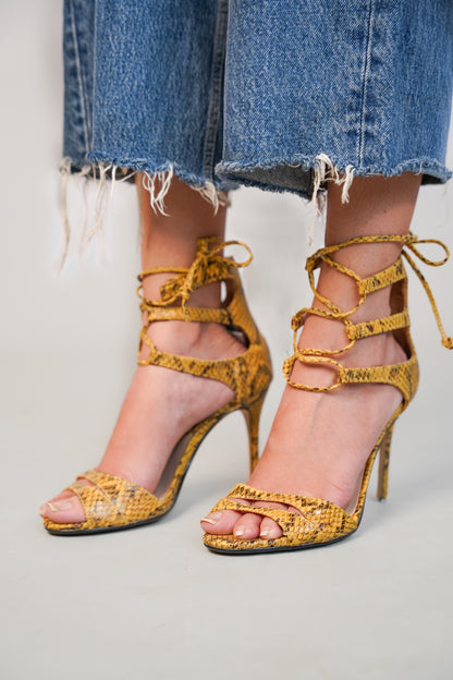 Yellow Snake Print Tie-Up Heels