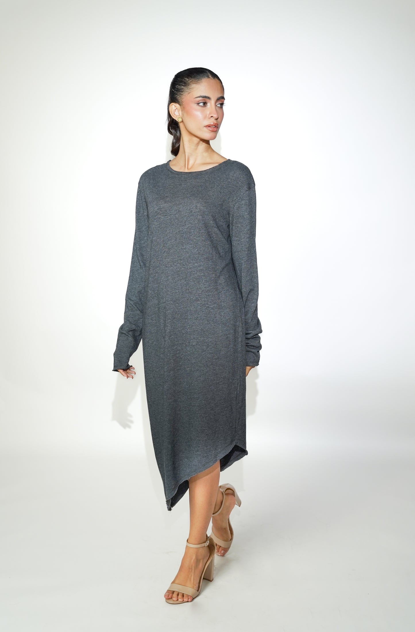 Heather Grey Asymmetrical Full Sleeves Dress