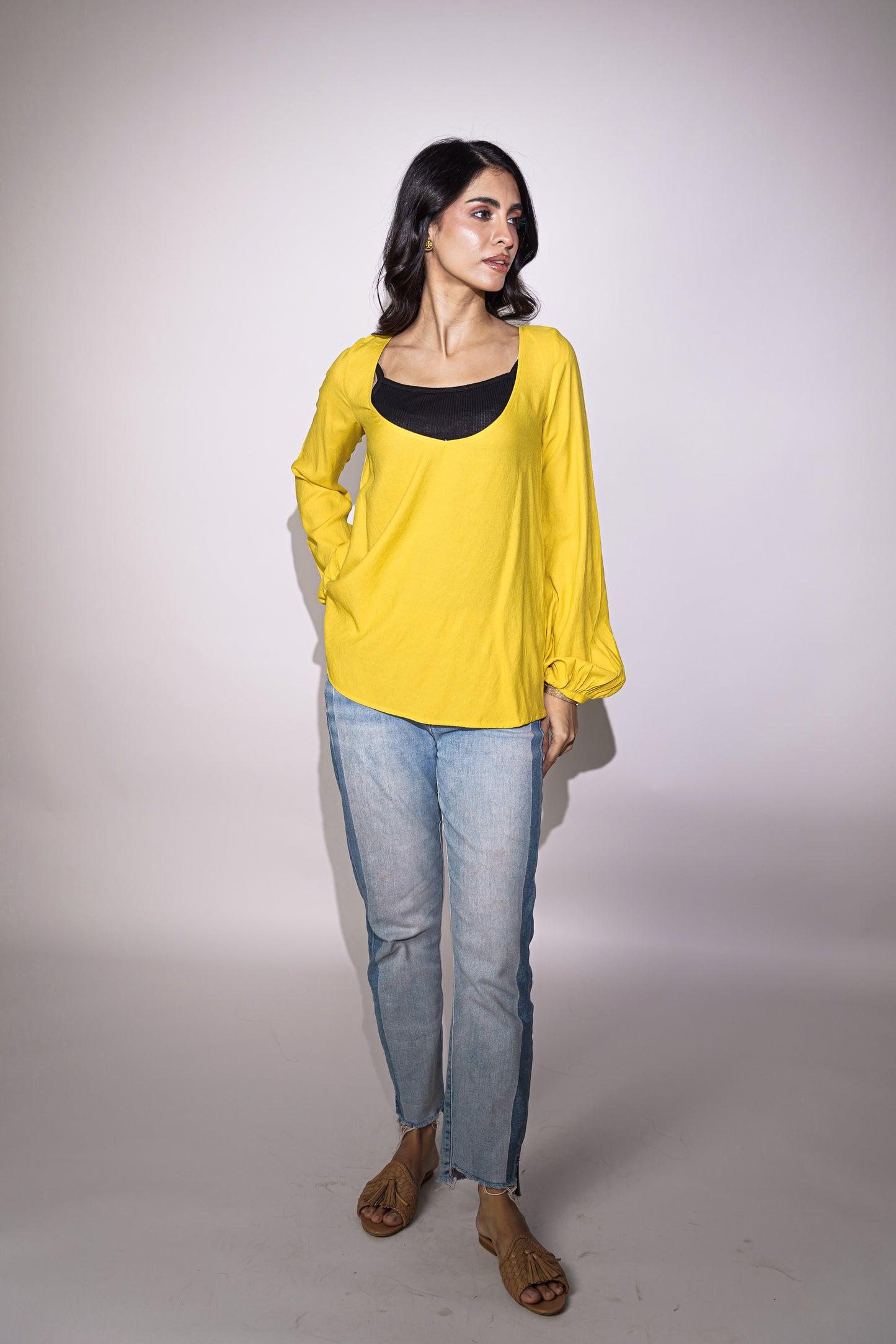 Yellow Wide-Neck Full Sleeves Top