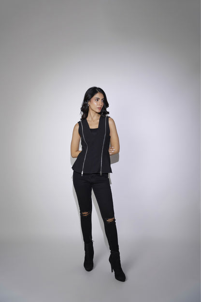 Black Peplum Top With Zipper Detailing