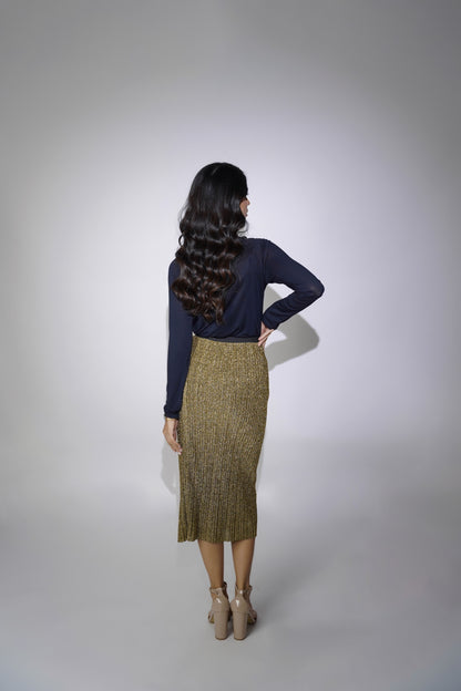 Pleated Gold Shimmery Midi Skirt