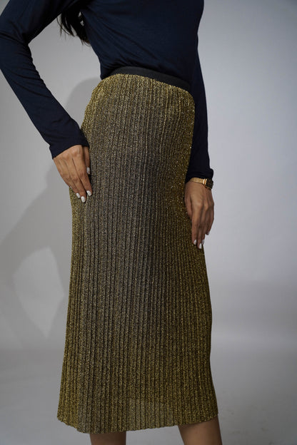 Pleated Gold Shimmery Midi Skirt