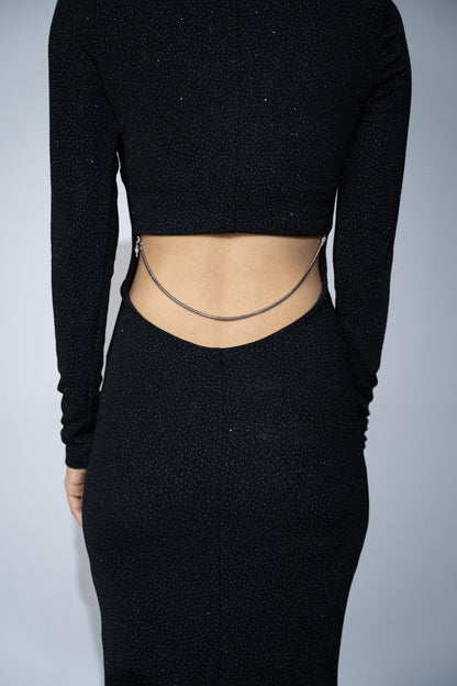 Black High-Neck Sparkly Backless Dress With Chain Detail