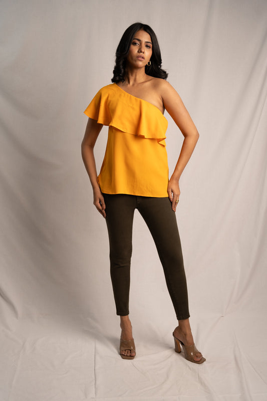 Orange Chiffon One-sleeve Top